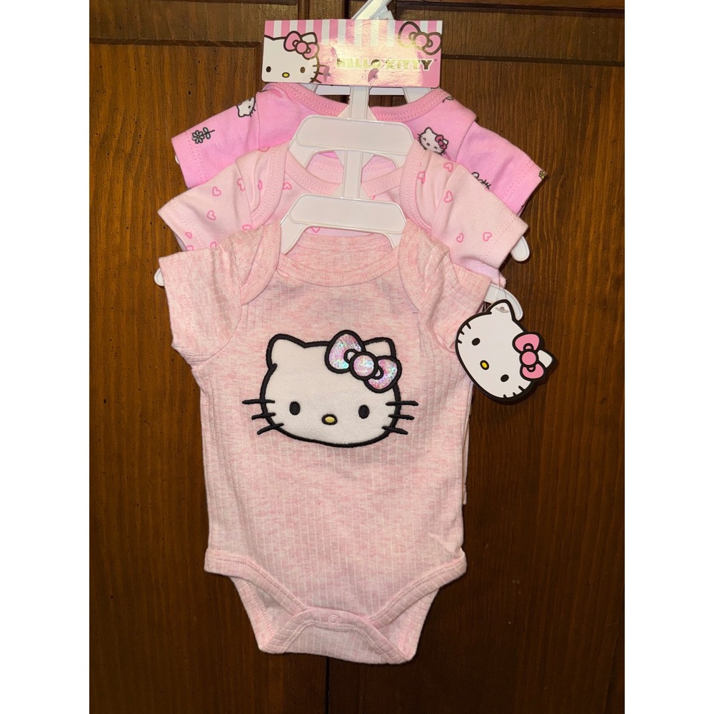 Hello Kitty Sanrio Baby Girls 3 Pack Pink Bodysuits Sequin Bow Hearts 3M NEW